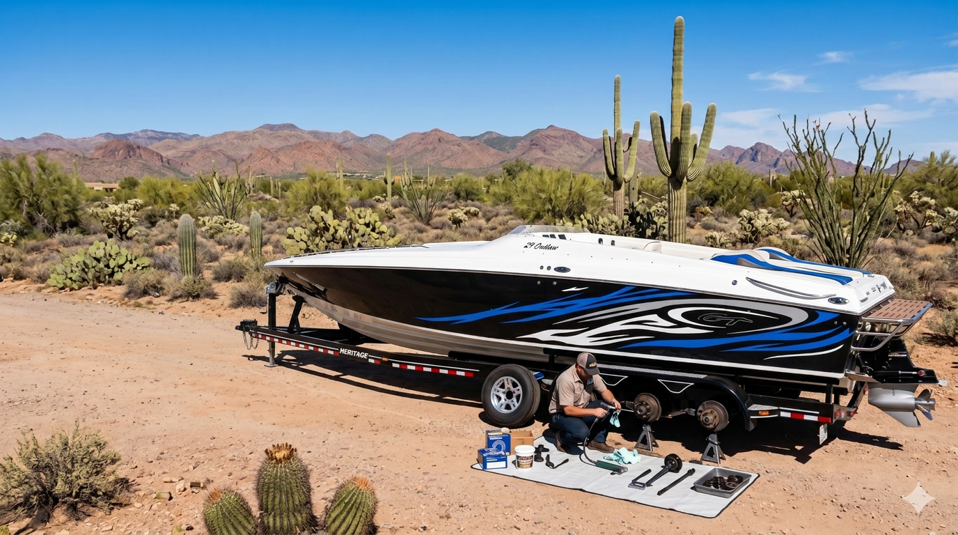 Mobile technician servicing a boat trailer in the Arizona desert